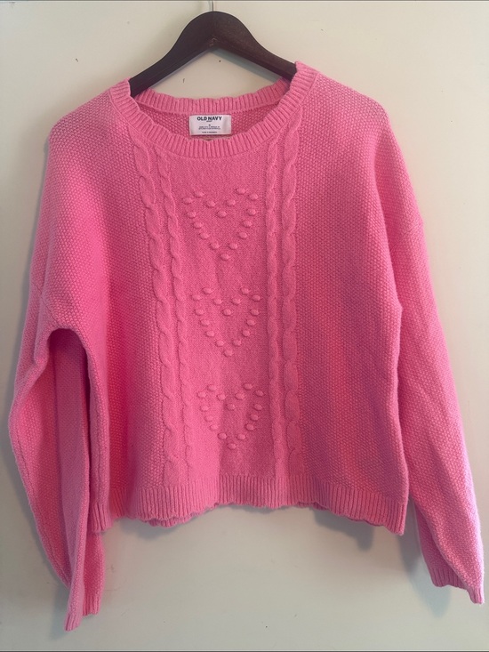 Old Navy Sweaters - Old Navy Bright Pink So Soft Heart-Detail Boucle Crewneck Sweater Sz M EUC